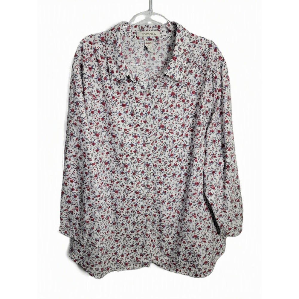 Roamans Womens 2X Button Up Shirt White Red Blue Floral Long Sleeve Blouse